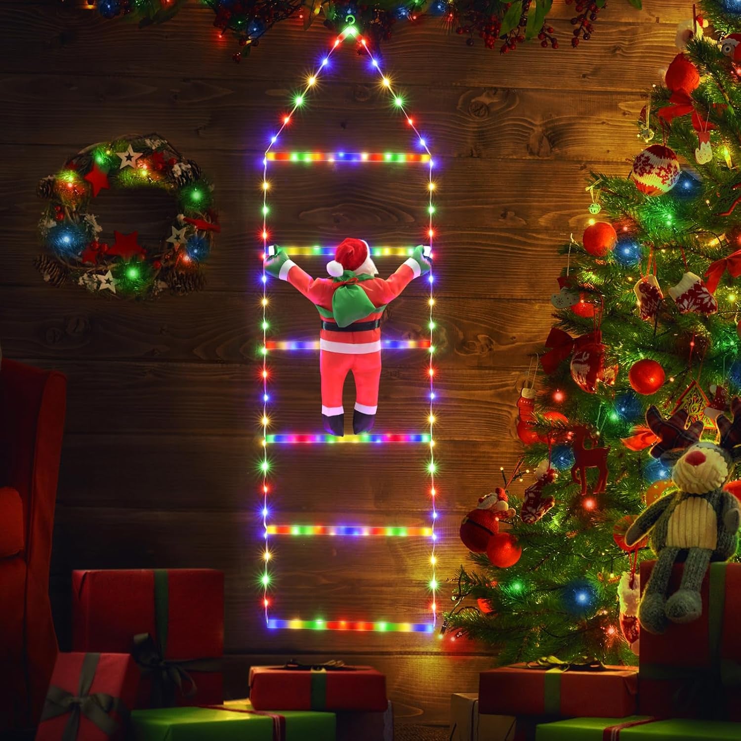 Ishabao 3M Leiter Lichterkette Mit Weihnachtsmann - 310 LED Weihnachtsbeleuchtung Strombetrieben Mit Timer, Speicherfunktion, 8 Modi, Für Innen Außen Weihnachtsbaum Weihnachten Deko (Warmweiß)