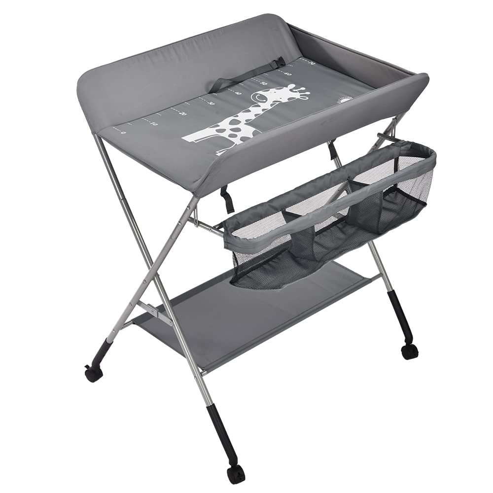 Höhenverstellbarer Klapp-Wickeltisch mit Rollen & Stauraum – tragbare Reisewickelkommode (86×62×96cm, Schwarz)