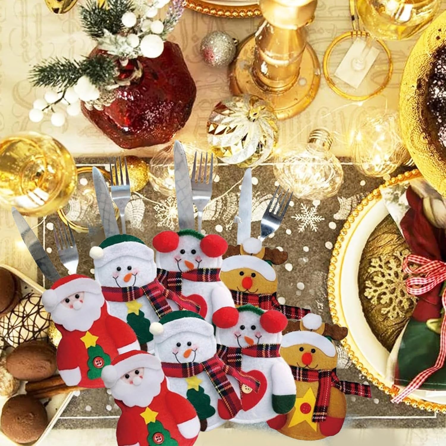 8 Stück Bestecktasche Weihnachten Geschirrschutz Besteckhalter Weihnachten 3D-Stereo Weihnachtstisch Deko Weihnachtsmann Schneemann Elch Weihnachtstischdeko Für Weihnachtsfeier
