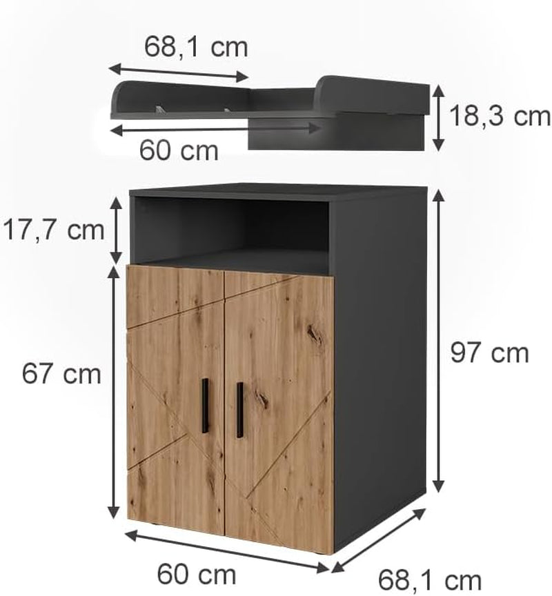 Vicco Wickelkommode „Irma“ mit Wickelaufsatz – Anthrazit/Artisan (60×97cm)