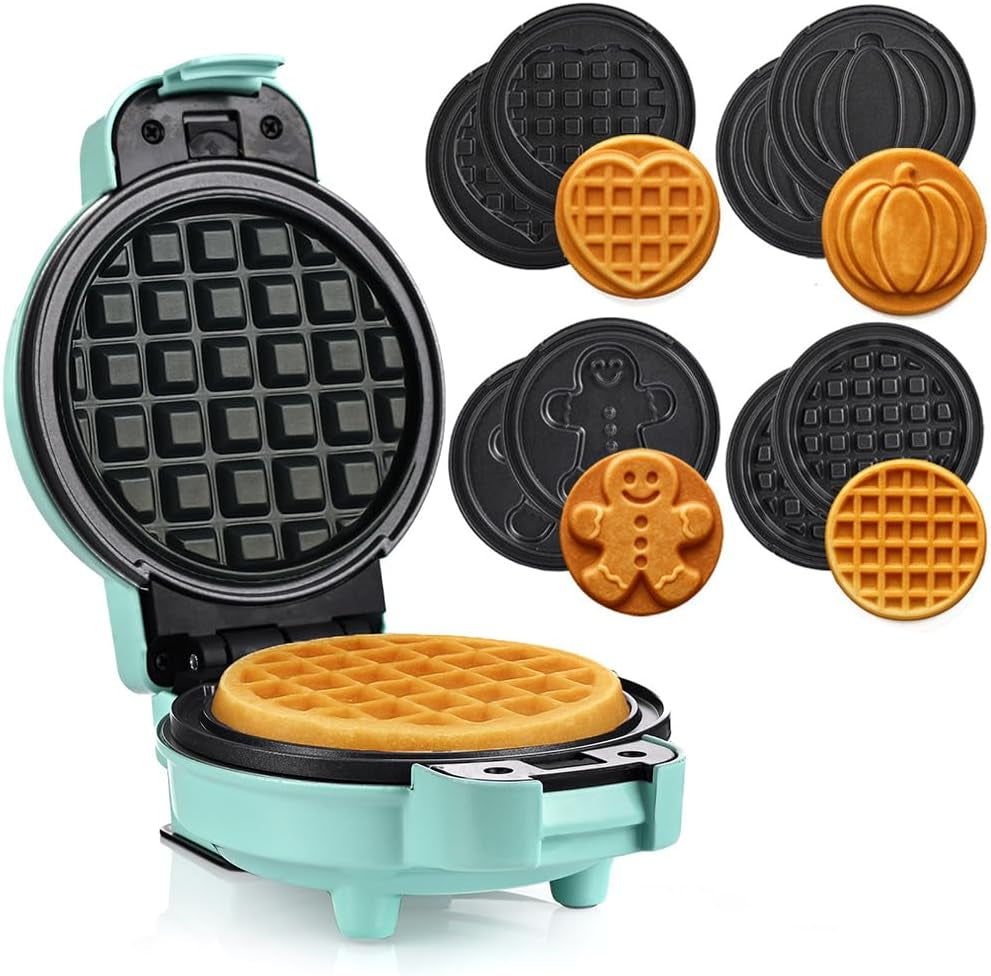 LEHMANN 4-In-1 Mini Waffeleisen Mit Wechselplatten - Kürbis, Lebkuchen, Herz Und Klassisch, Mini-Waffeleisen Für Feiertage, Halloween, Weihnachts, Kindergeburtstage, Antihaftbeschichtung, Rot