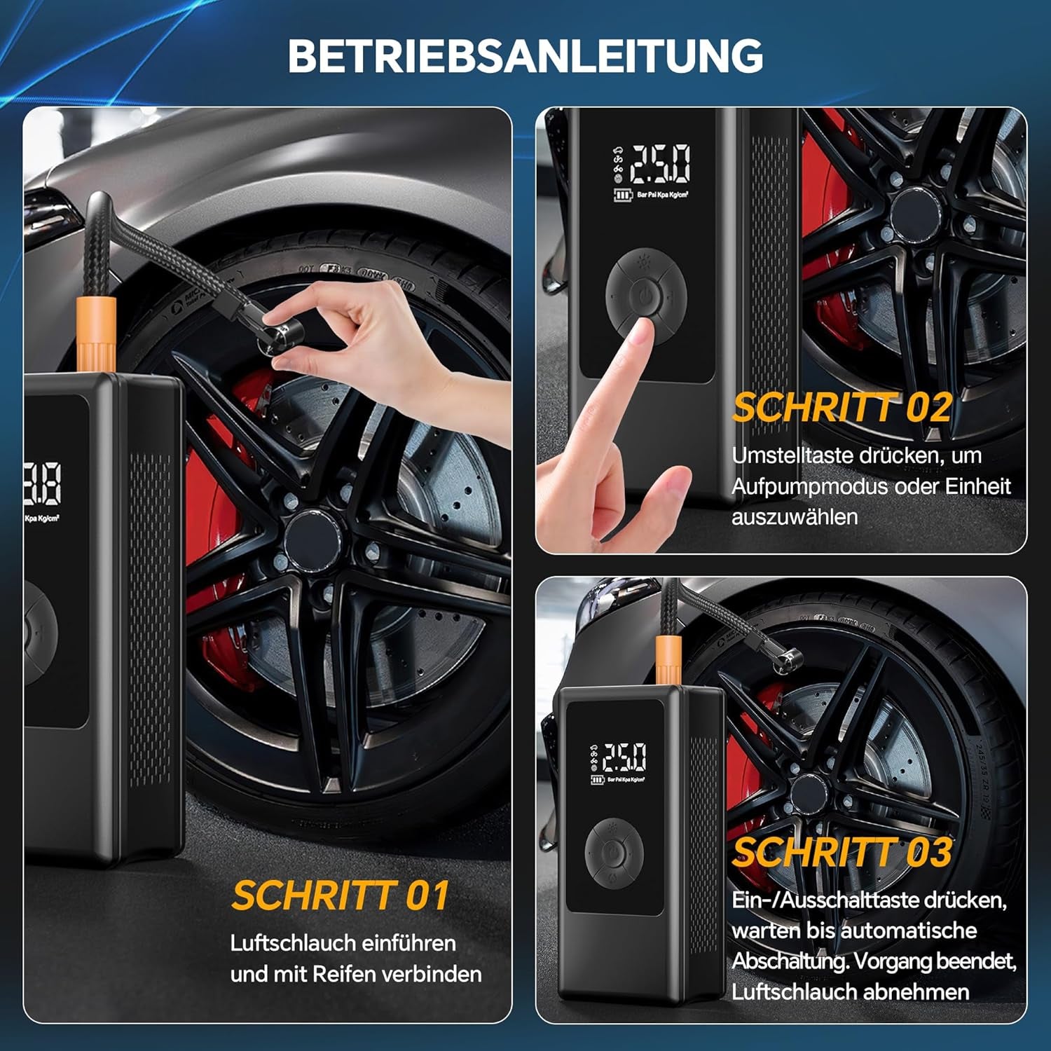 Elektrische Akku Fahrradpumpe – 150 PSI, Auto/Motorrad/Ball-Pumpe