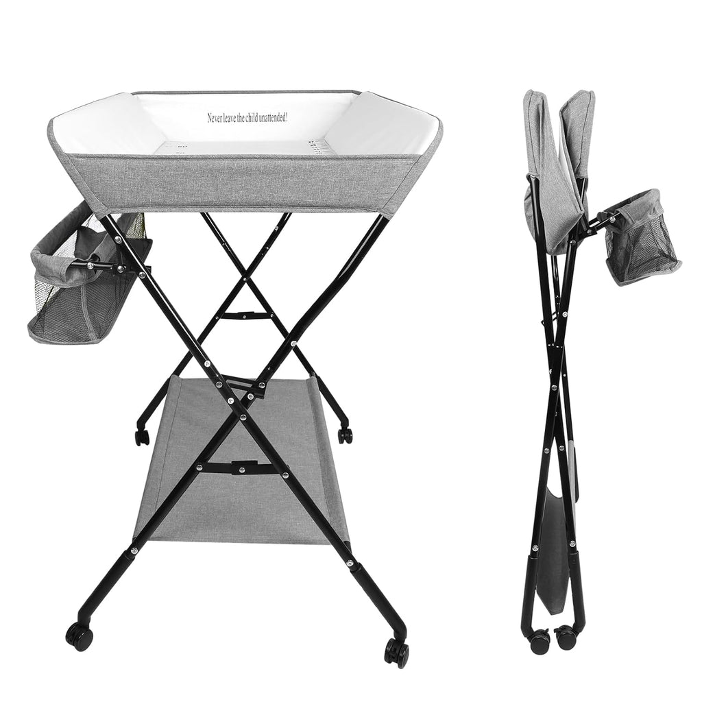 Höhenverstellbarer Klapp-Wickeltisch mit Rollen & Stauraum – tragbare Reisewickelkommode (86×62×96cm, Schwarz)
