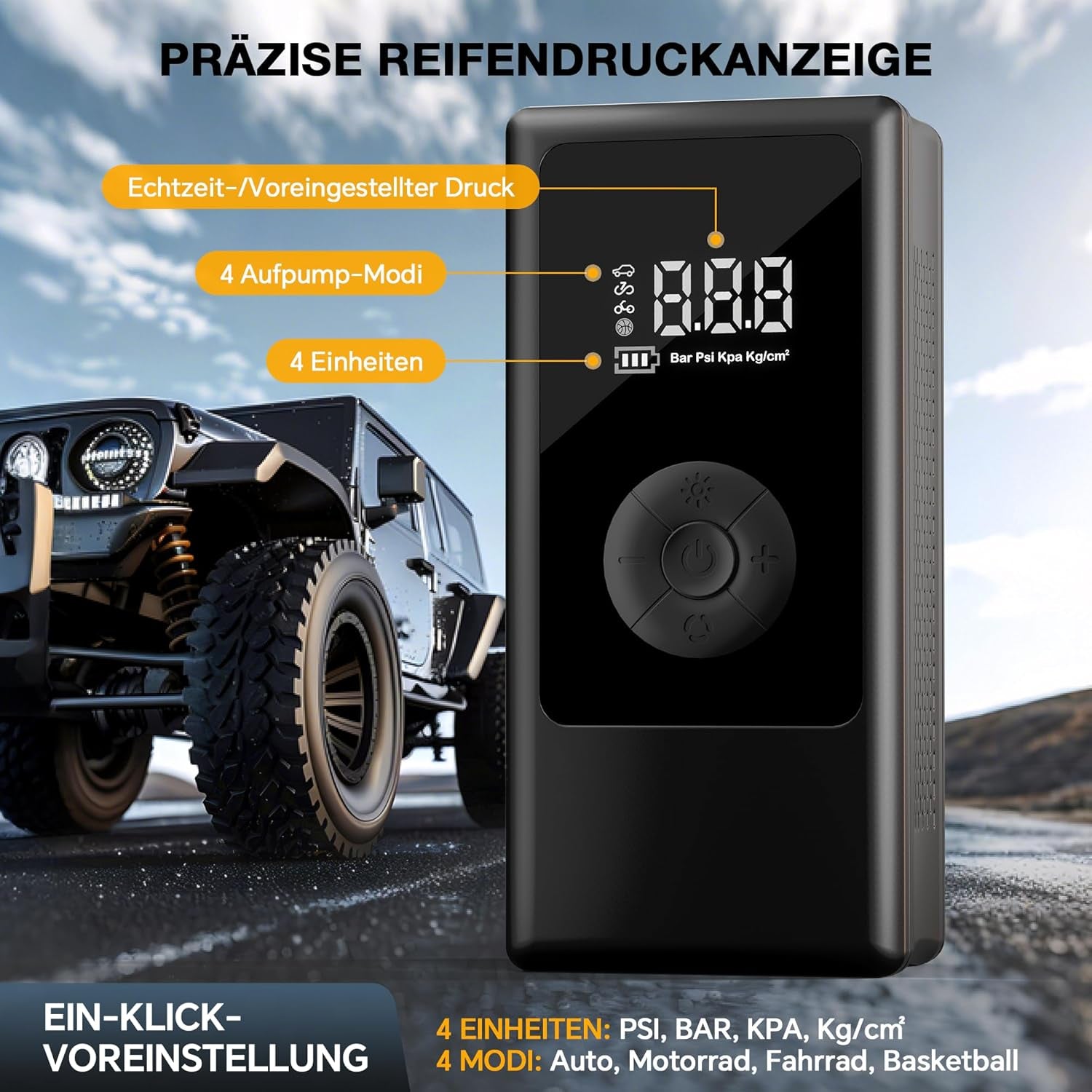 Elektrische Akku Fahrradpumpe – 150 PSI, Auto/Motorrad/Ball-Pumpe