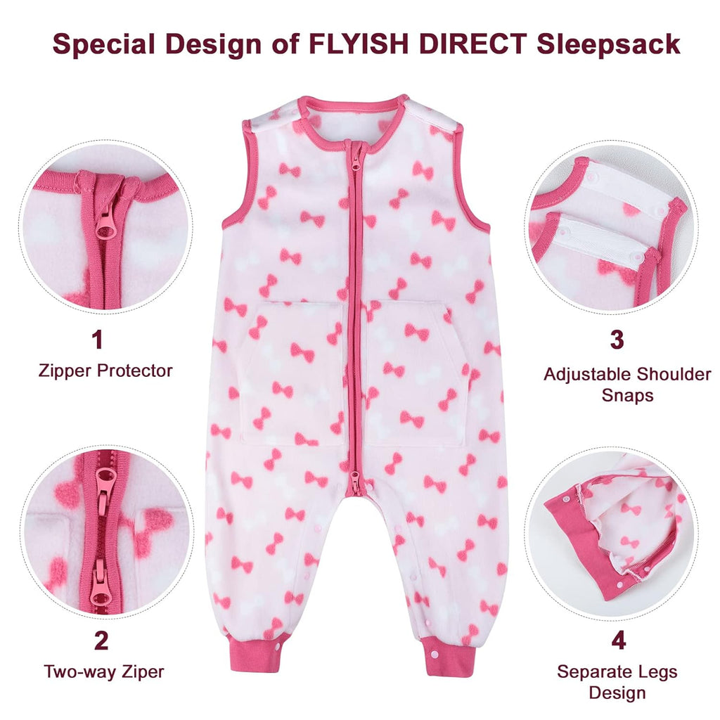 Baby Schlafsack mit Füßen 1.0 TOG aus Fleece, ärmellos – Atmungsaktiv, Ganzjahres Babyschlafsack (Rosa Schleife, 90)