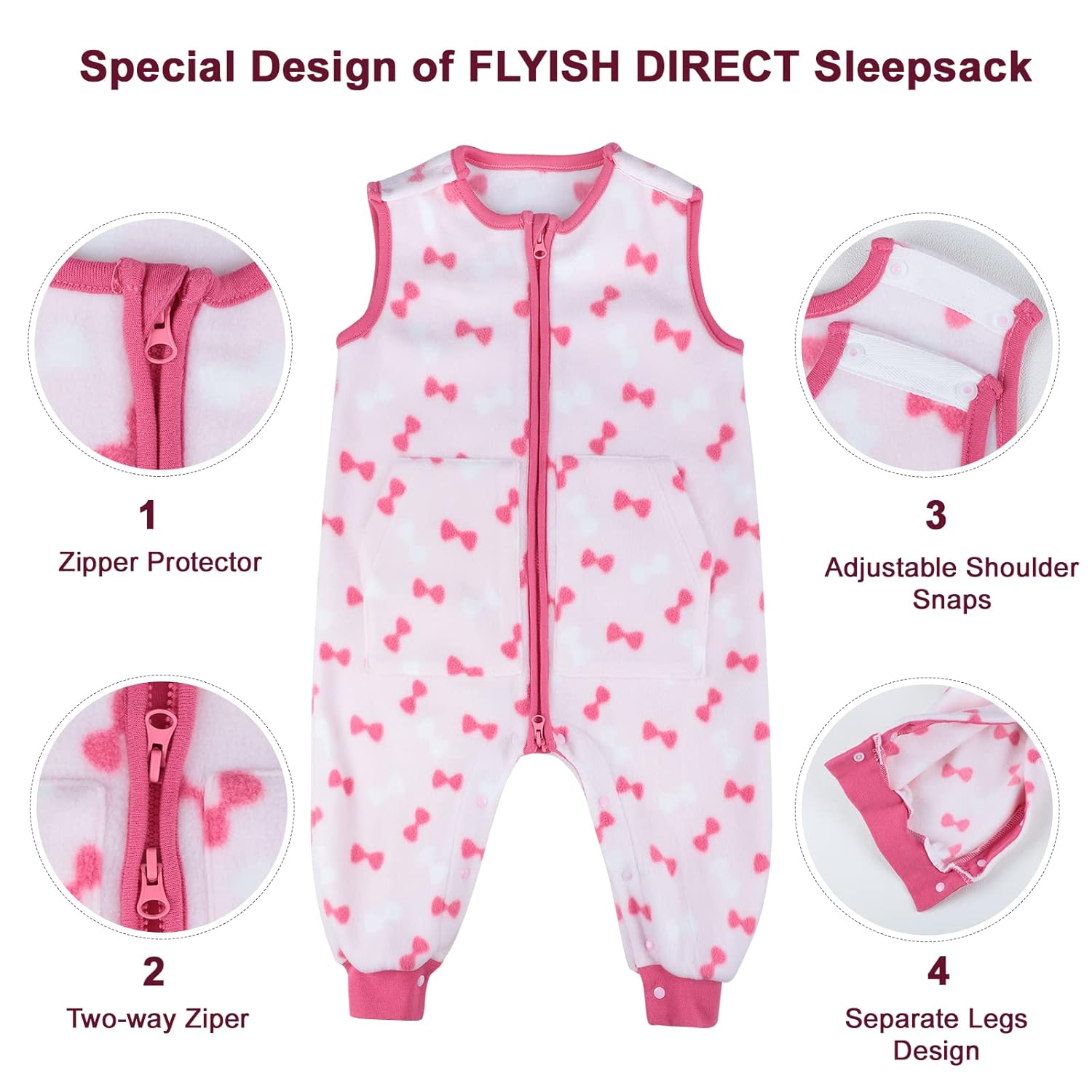 Baby Schlafsack mit Füßen 1.0 TOG aus Fleece, ärmellos – Atmungsaktiv, Ganzjahres Babyschlafsack (Rosa Schleife, 90)