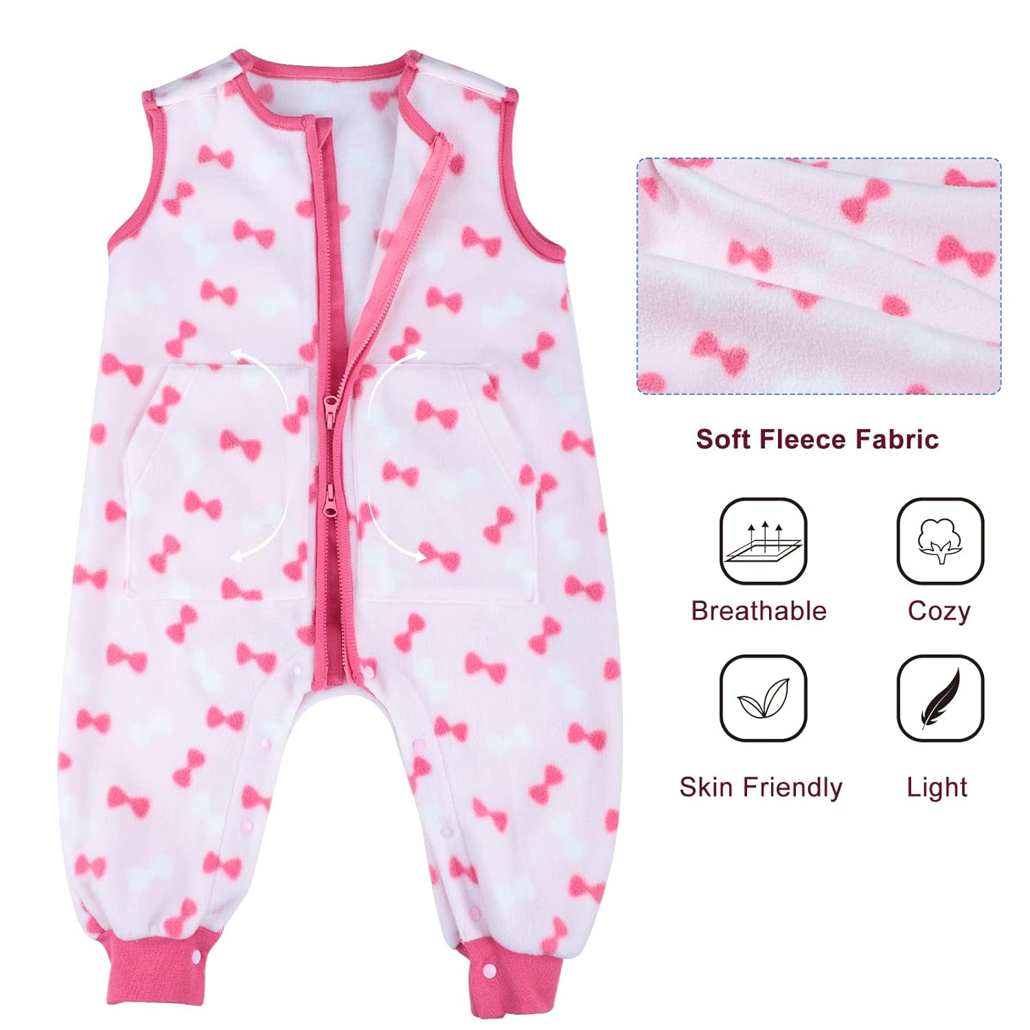 Baby Schlafsack mit Füßen 1.0 TOG aus Fleece, ärmellos – Atmungsaktiv, Ganzjahres Babyschlafsack (Rosa Schleife, 90)