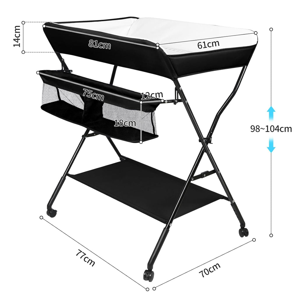 Höhenverstellbarer Klapp-Wickeltisch mit Rollen & Stauraum – tragbare Reisewickelkommode (86×62×96cm, Schwarz)