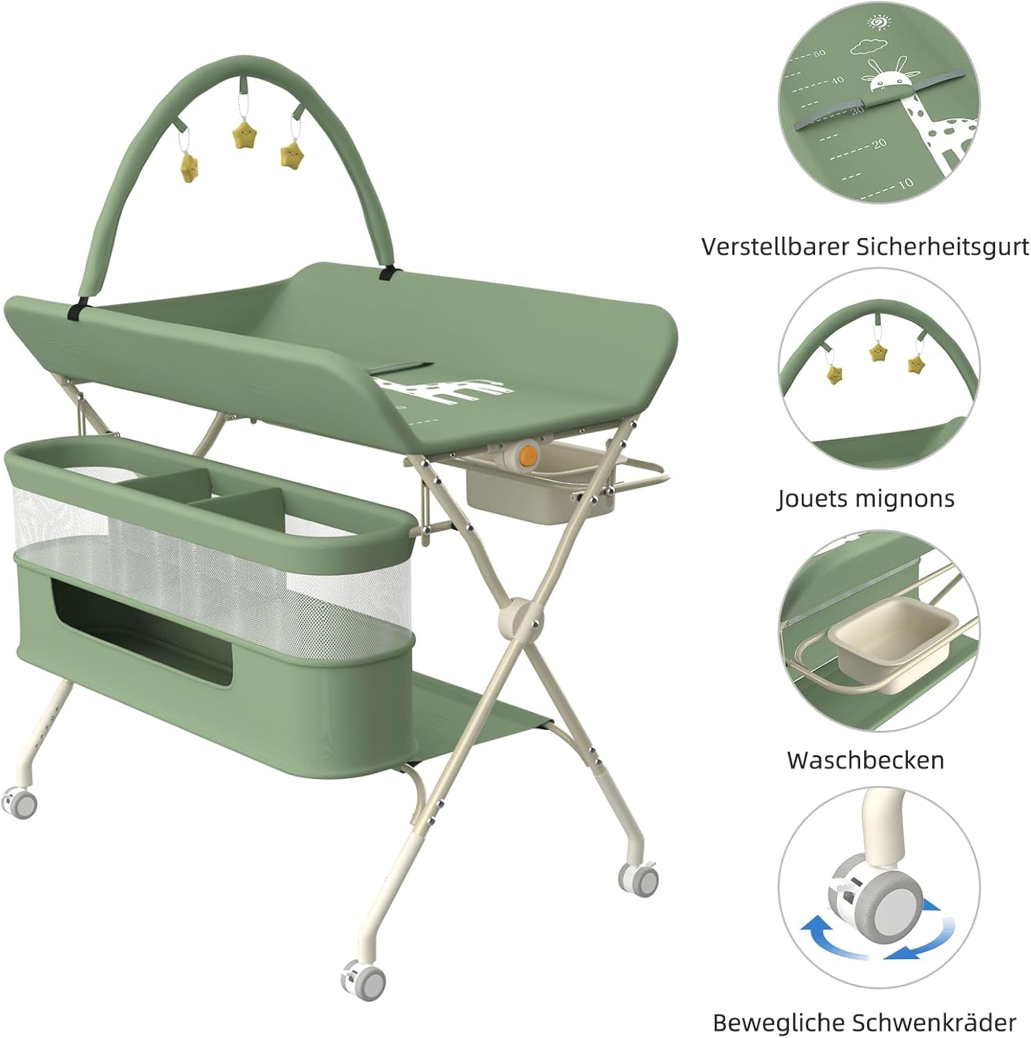 Homewell Klappbare Baby Wickelkommode mit 5 Höhen – tragbare Wickelstation mit Sicherheitsgurt, Waschbecken & Spielzeugregal (Grün)