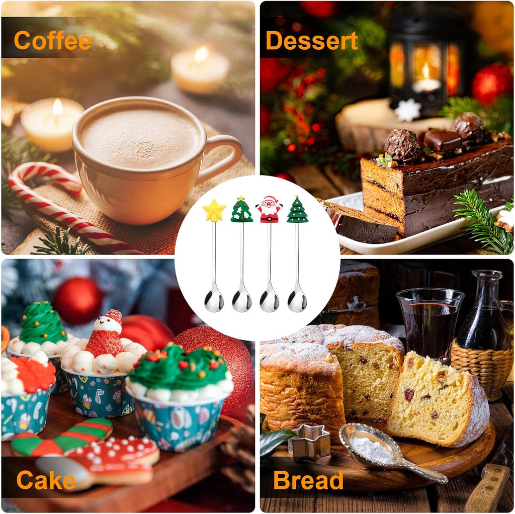 4 Stück Weihnachtslöffel,Edelstahl Weihnachtskaffeelöffel Teelöffel Set Weihnachts Kaffee-Rührlöffel Teelöffel Dessertlöffel Rührlöffel Edelstahl Löffel Mit Geschenk-Verpackung Für Geschenke (Silver)