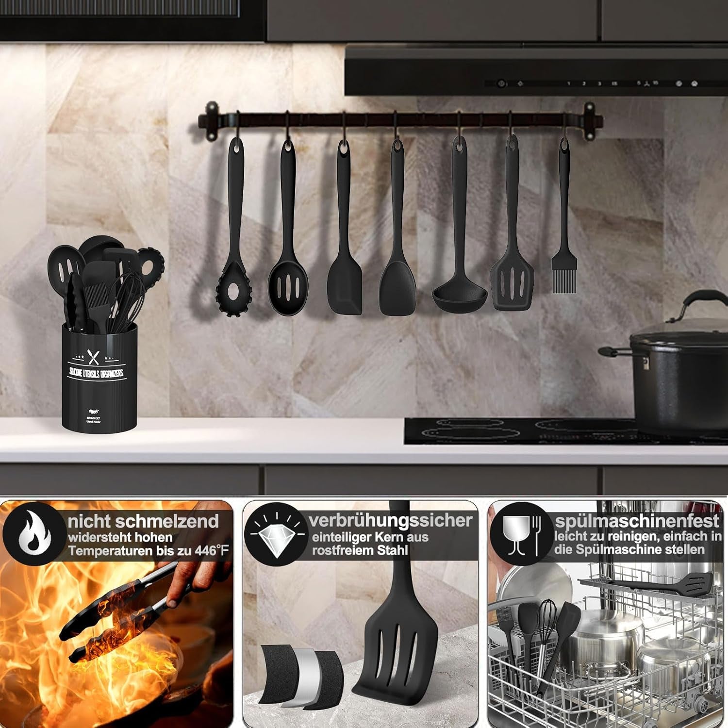 22-teiliges Silikon Küchenutensilien Set inkl. Halter – hitzebeständig, Antihaft, spülmaschinenfest – schwarz