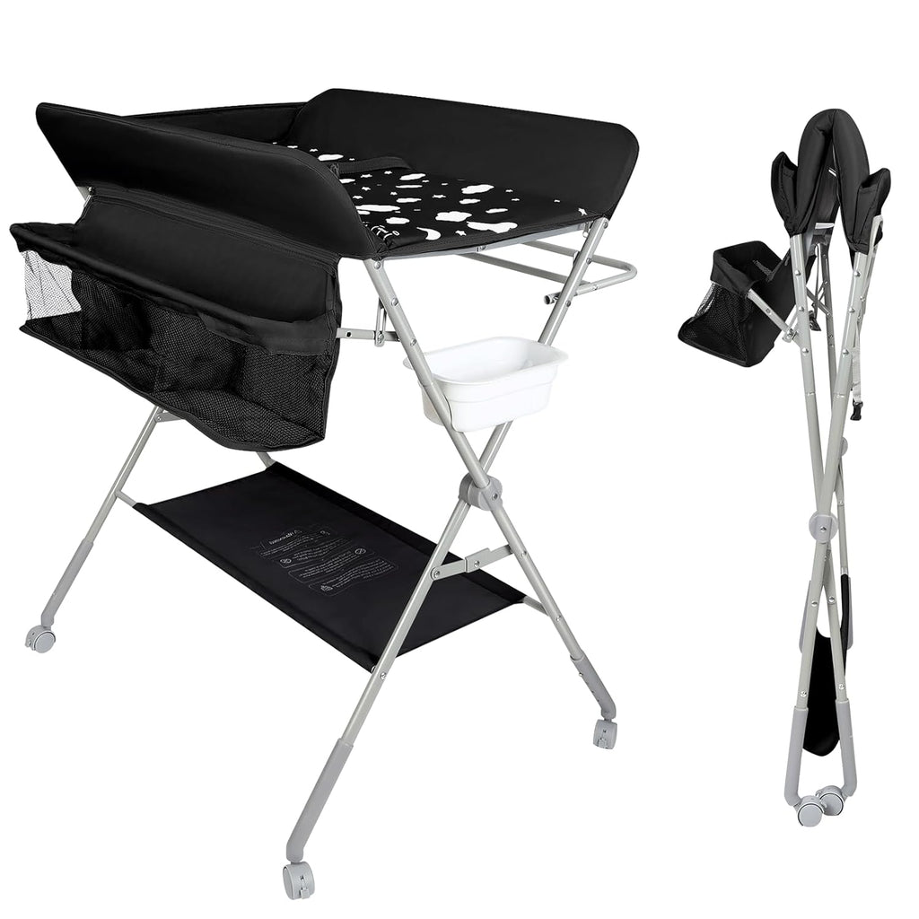 Höhenverstellbarer Klapp-Wickeltisch mit Rollen & Stauraum – tragbare Reisewickelkommode (86×62×96cm, Schwarz)