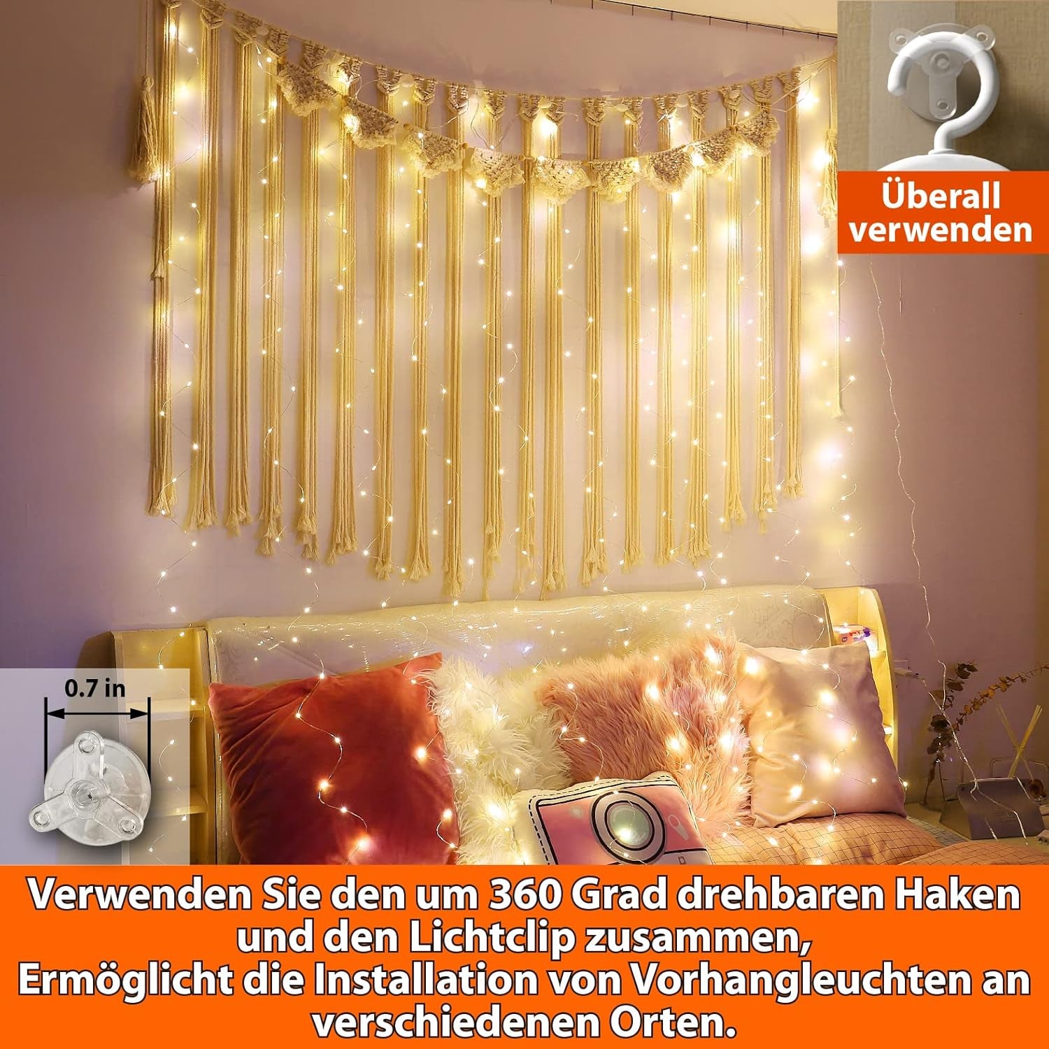 HXWEIYE 300LED Lichtervorhang Warmweiß, 3Mx3M Lichterkettenvorhang USB 8 Modi LED Lichterkette Mit 12 Haken Fernbedienung Timer Verstellbare Helligkeit Für Weihnachten Party Innen Und Außen Deko