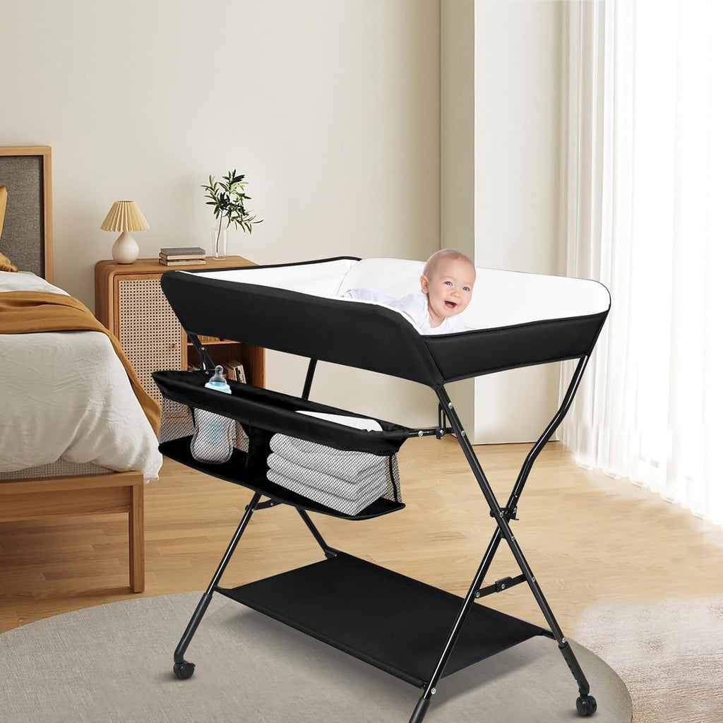 Höhenverstellbarer Klapp-Wickeltisch mit Rollen & Stauraum – tragbare Reisewickelkommode (86×62×96cm, Schwarz)