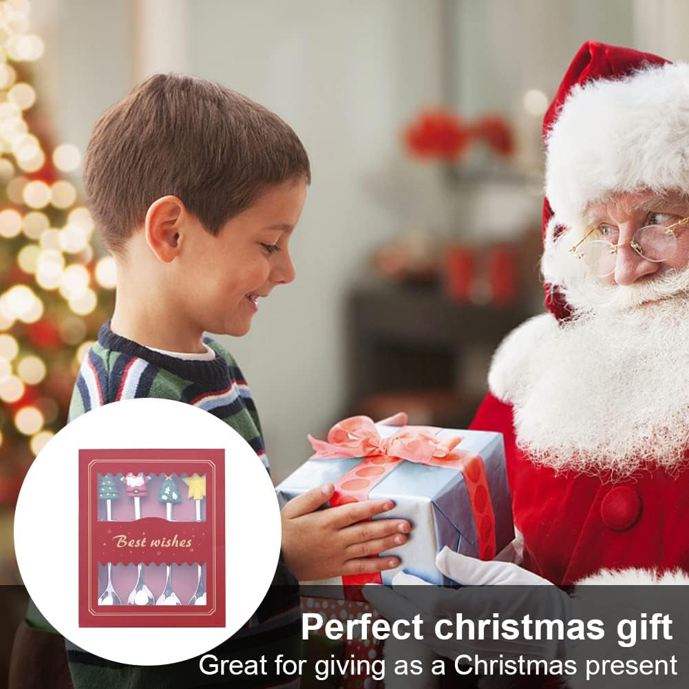4 Stück Weihnachtslöffel,Edelstahl Weihnachtskaffeelöffel Teelöffel Set Weihnachts Kaffee-Rührlöffel Teelöffel Dessertlöffel Rührlöffel Edelstahl Löffel Mit Geschenk-Verpackung Für Geschenke (Silver)