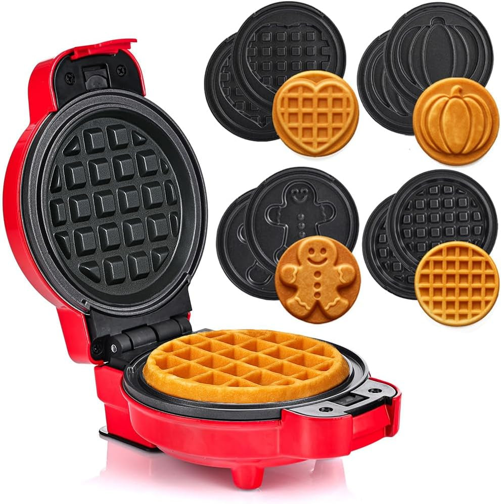 LEHMANN 4-In-1 Mini Waffeleisen Mit Wechselplatten - Kürbis, Lebkuchen, Herz Und Klassisch, Mini-Waffeleisen Für Feiertage, Halloween, Weihnachts, Kindergeburtstage, Antihaftbeschichtung, Rot