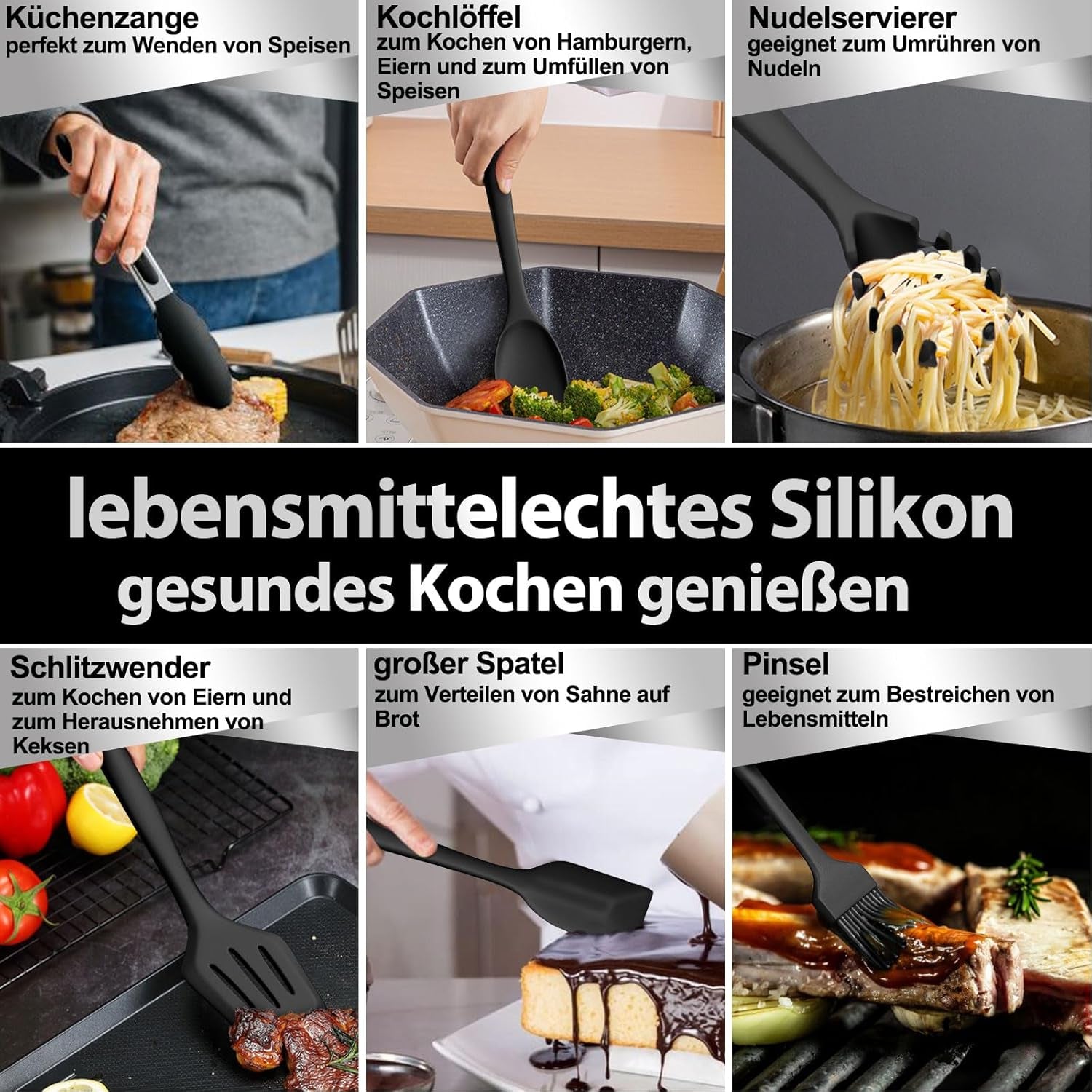 22-teiliges Silikon Küchenutensilien Set inkl. Halter – hitzebeständig, Antihaft, spülmaschinenfest – schwarz