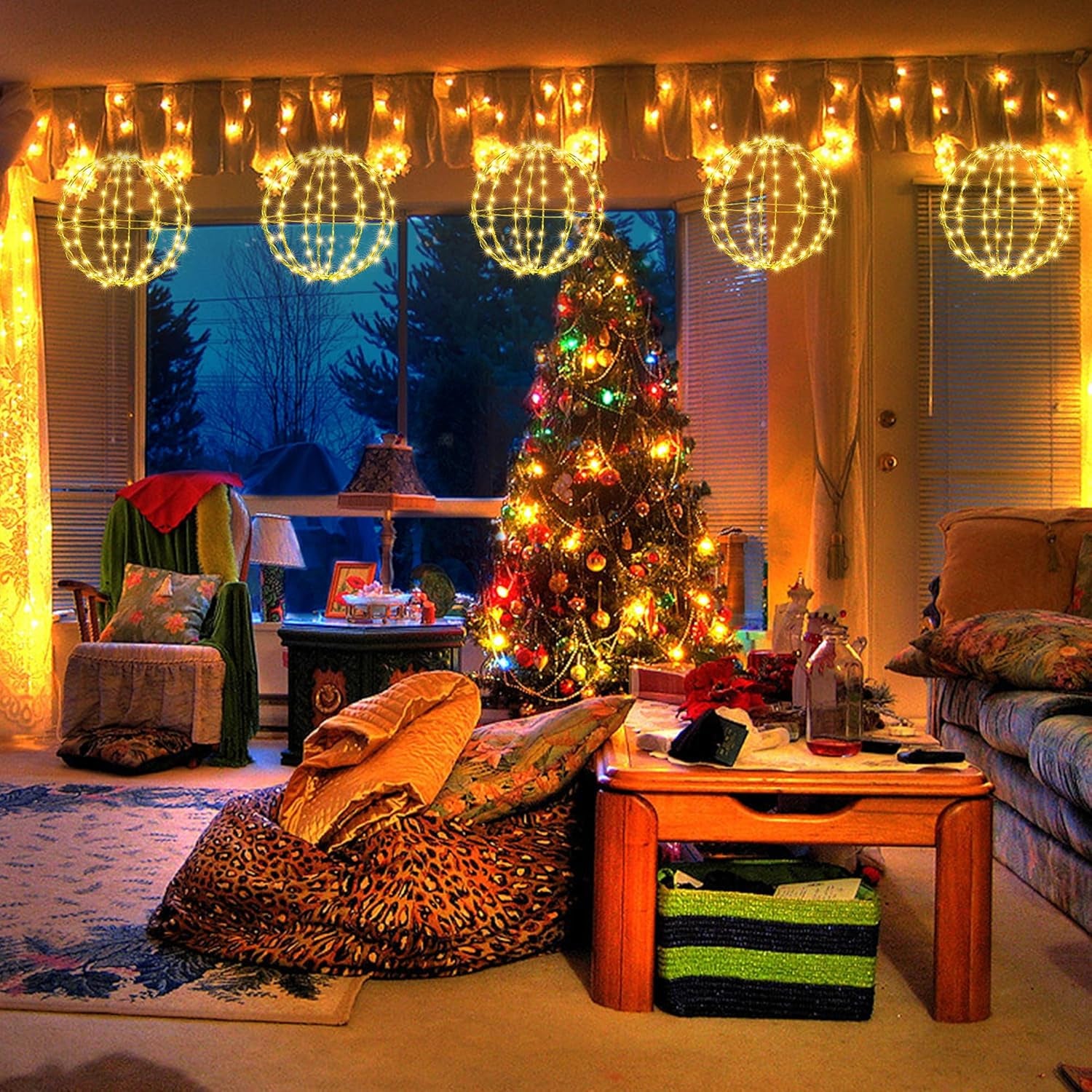 Joomer Weihnachtsbeleuchtung Außen Batterie Hängende LED Kugel Lichter Timer 33Cm 144 LED Und 28Cm 120 LED Leuchtkugel Weihnachtsdeko Außen 8 Modi Wasserdichte Für Garten Party Innen(2 Stück,Warmweiß)