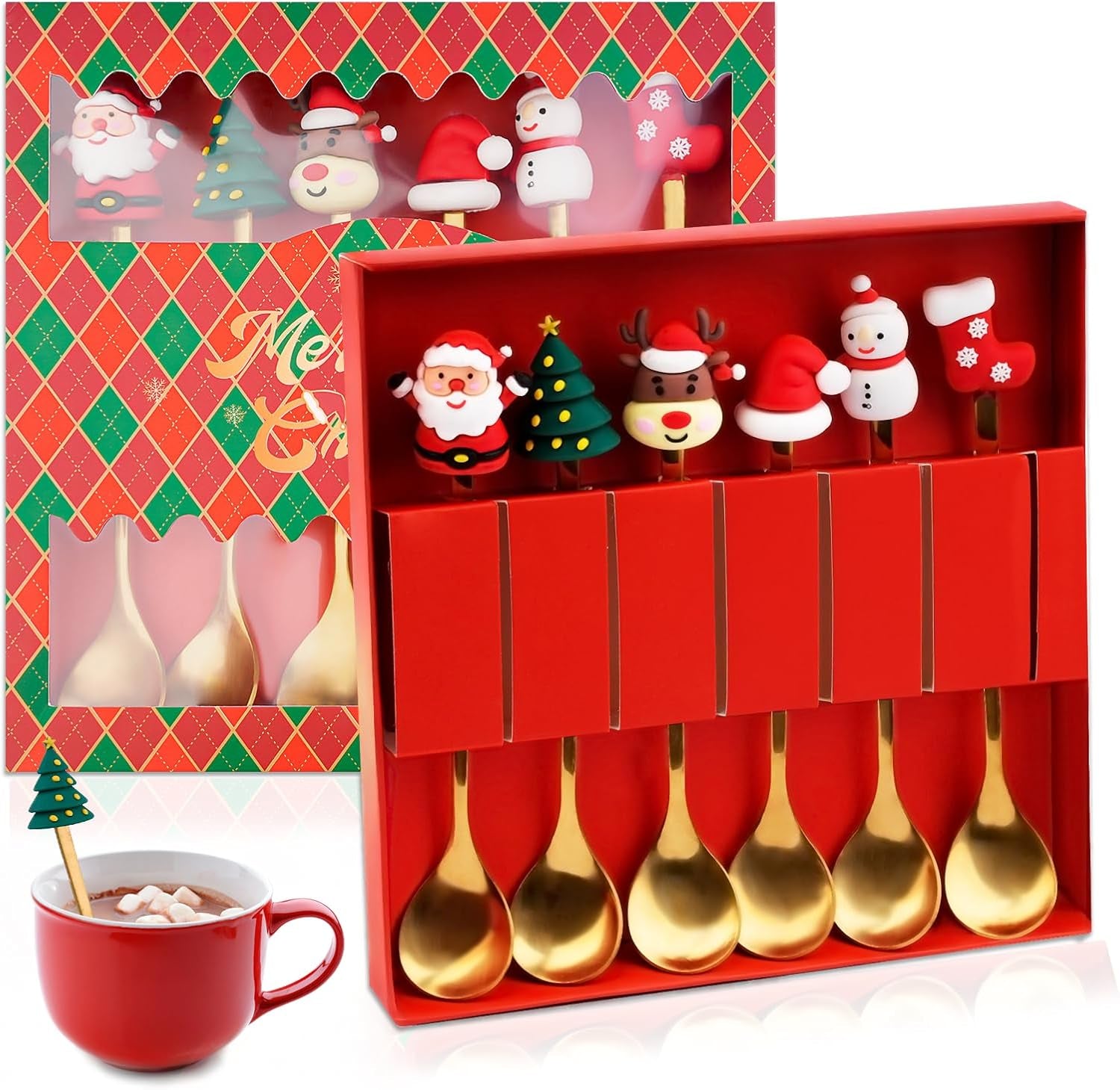 Weihnachtslöffel Set, 6 Stück Weihnachten Teelöffel, Kaffeelöffel Edelstahl, Christmas Spoons, Kaffee Weihnachten Löffel, Weihnachts Espressolöffel, Dessertlöffel Für Party Tischdekorationen