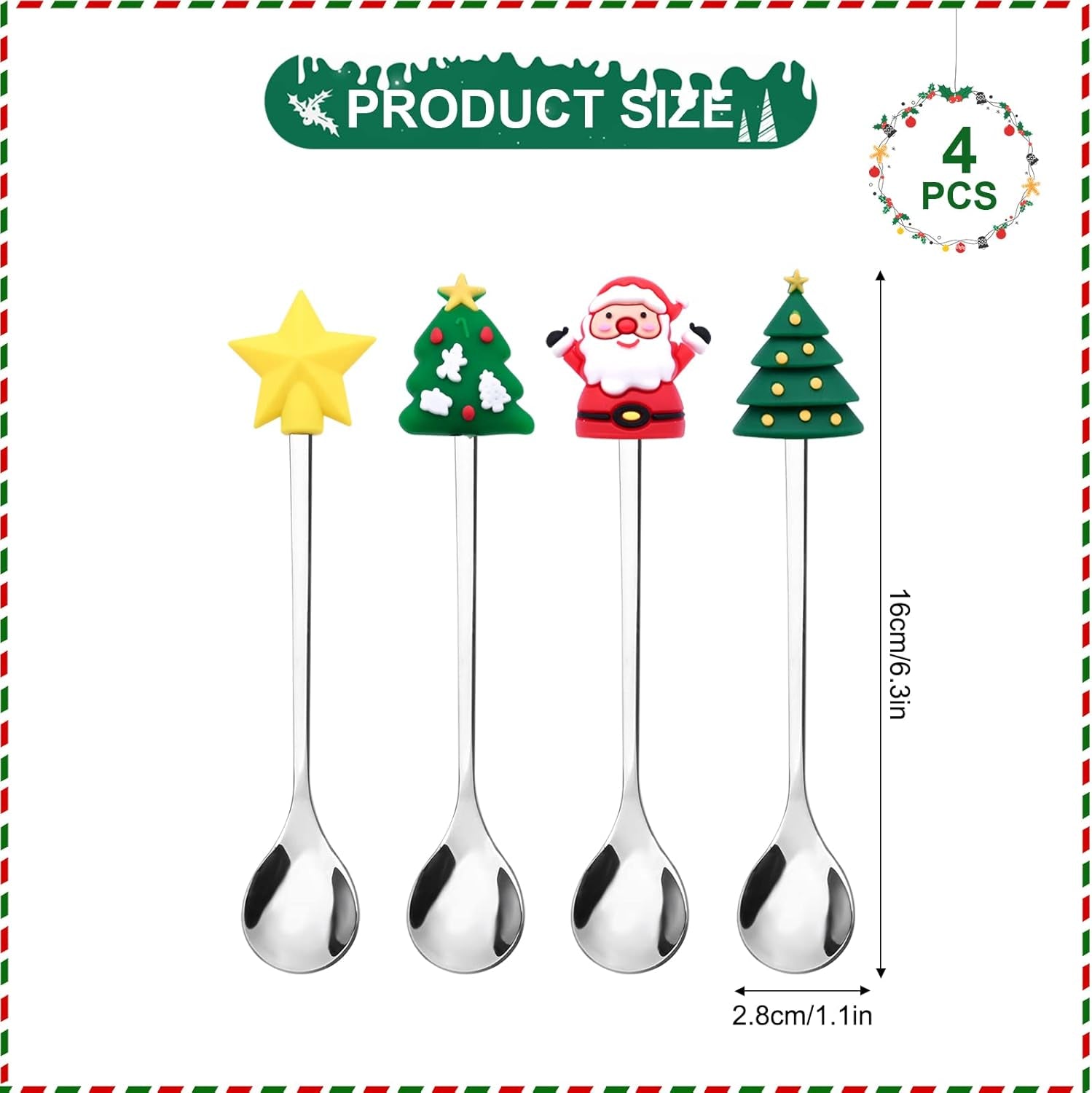 4 Stück Weihnachtslöffel,Edelstahl Weihnachtskaffeelöffel Teelöffel Set Weihnachts Kaffee-Rührlöffel Teelöffel Dessertlöffel Rührlöffel Edelstahl Löffel Mit Geschenk-Verpackung Für Geschenke (Silver)