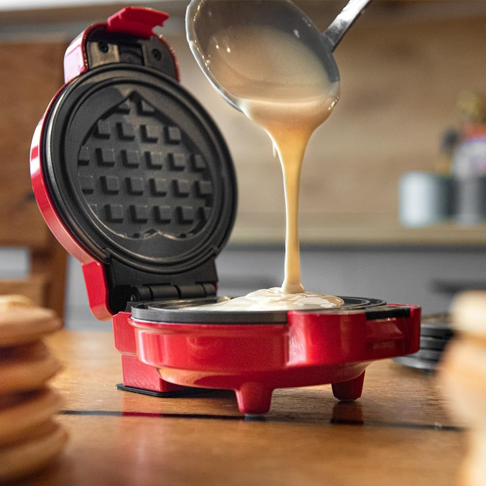 LEHMANN 4-In-1 Mini Waffeleisen Mit Wechselplatten - Kürbis, Lebkuchen, Herz Und Klassisch, Mini-Waffeleisen Für Feiertage, Halloween, Weihnachts, Kindergeburtstage, Antihaftbeschichtung, Rot